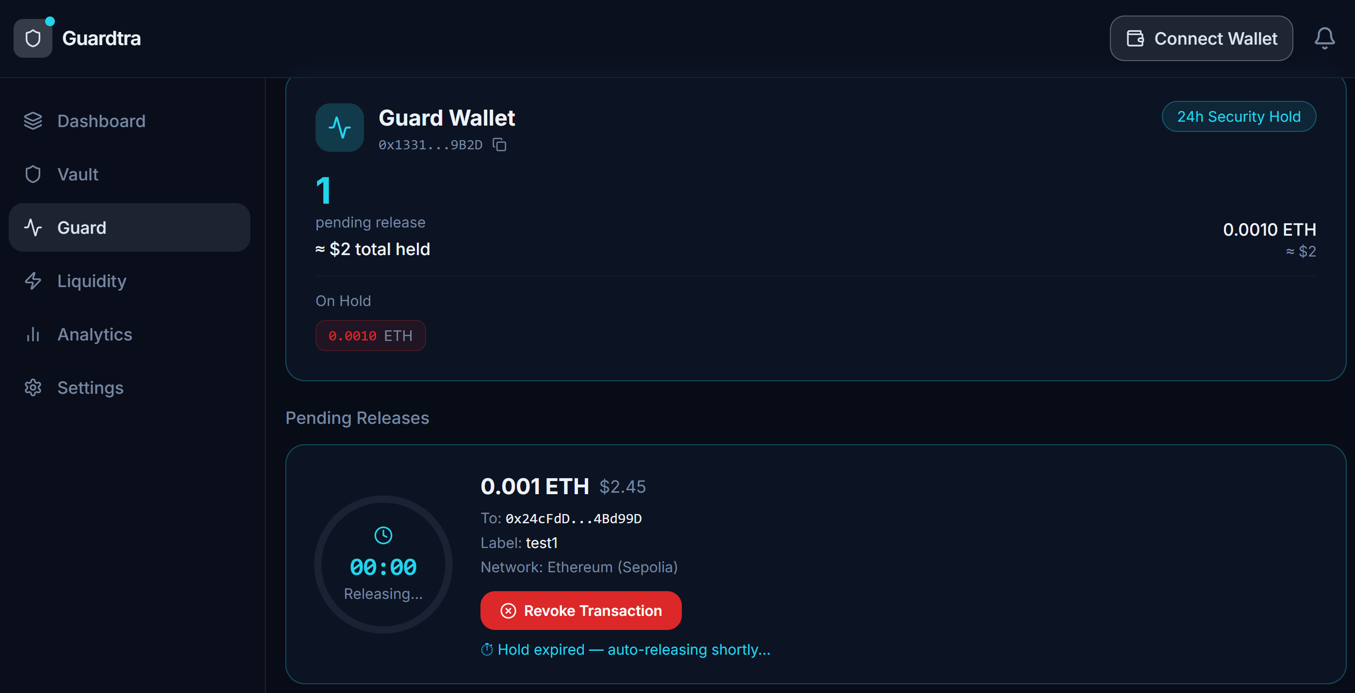 Pause Wallet Hold — Pending transaction with revoke button
